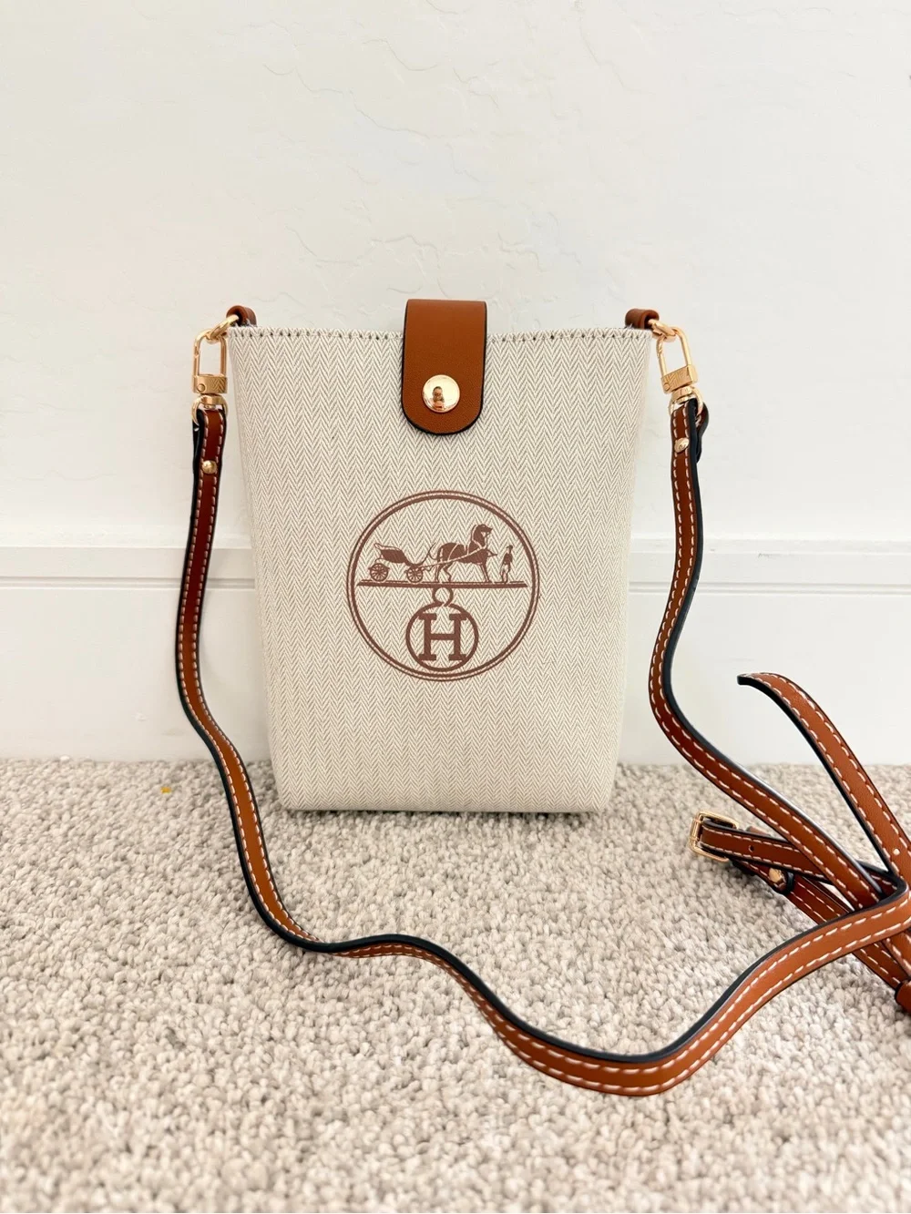 GWP Hermes Canvas Crossbody Phone Bag with Brown Trim Make Up Bag only
